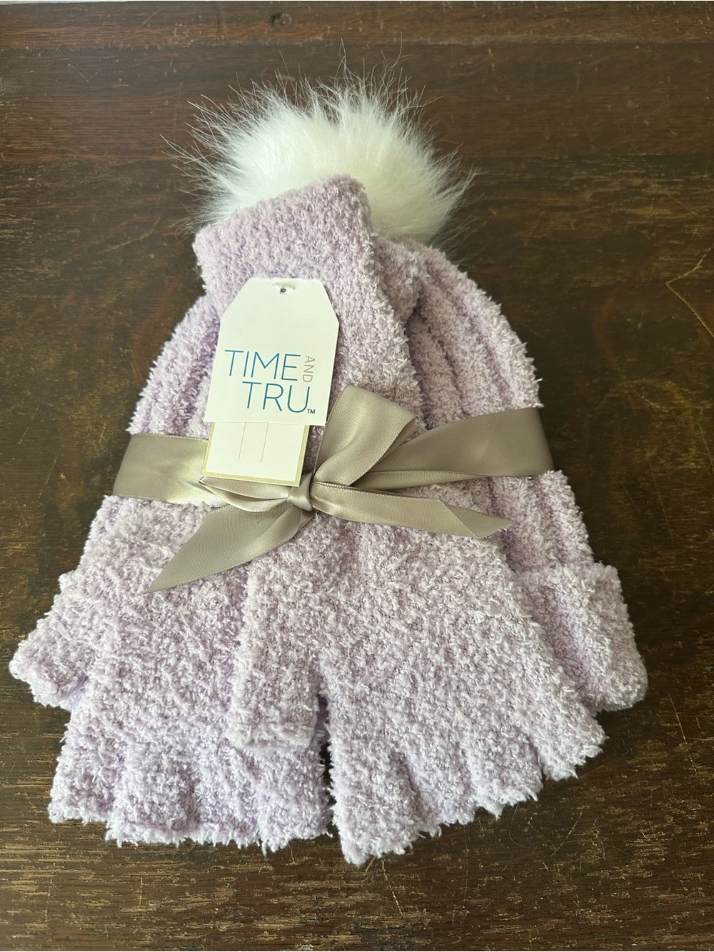 Time and Tru Soft Lavender Pom Beanie with Matching Fingerless Gloves